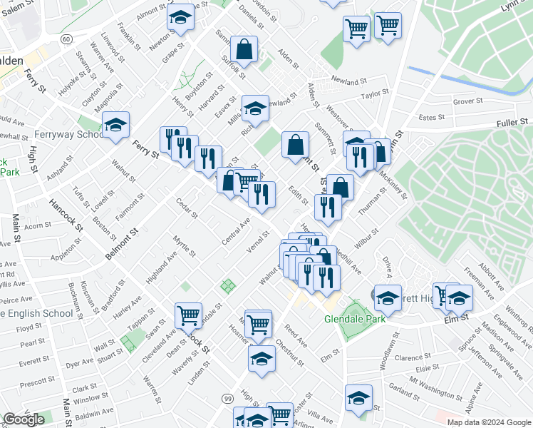 map of restaurants, bars, coffee shops, grocery stores, and more near 9 Rock Valley Avenue in Everett