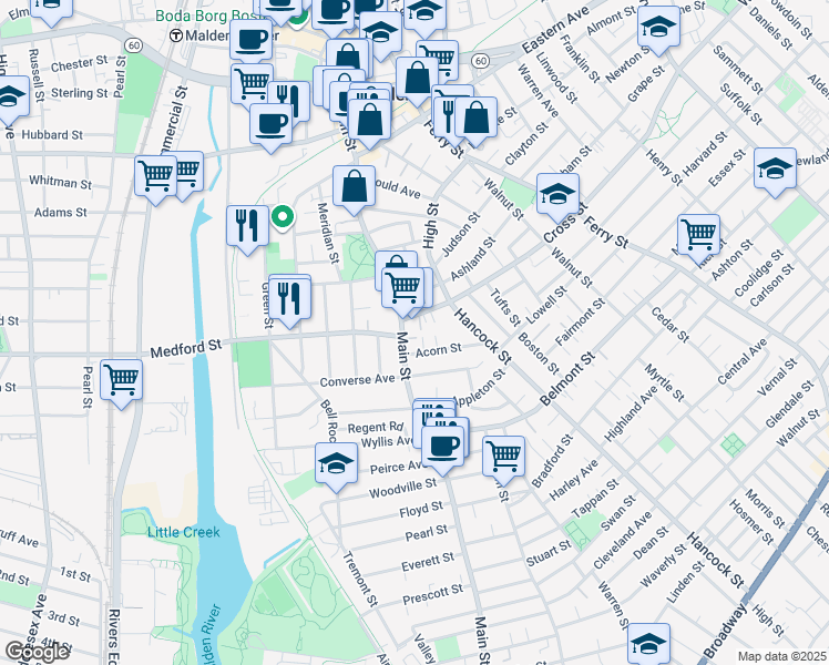 map of restaurants, bars, coffee shops, grocery stores, and more near in Malden
