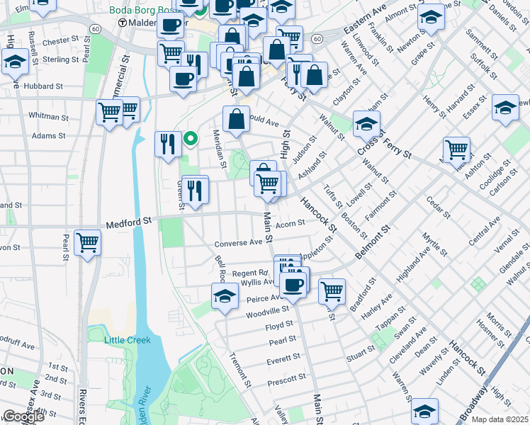 map of restaurants, bars, coffee shops, grocery stores, and more near in Malden