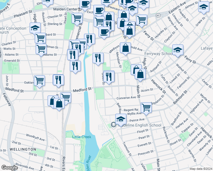 map of restaurants, bars, coffee shops, grocery stores, and more near 14 Berry Street in Malden