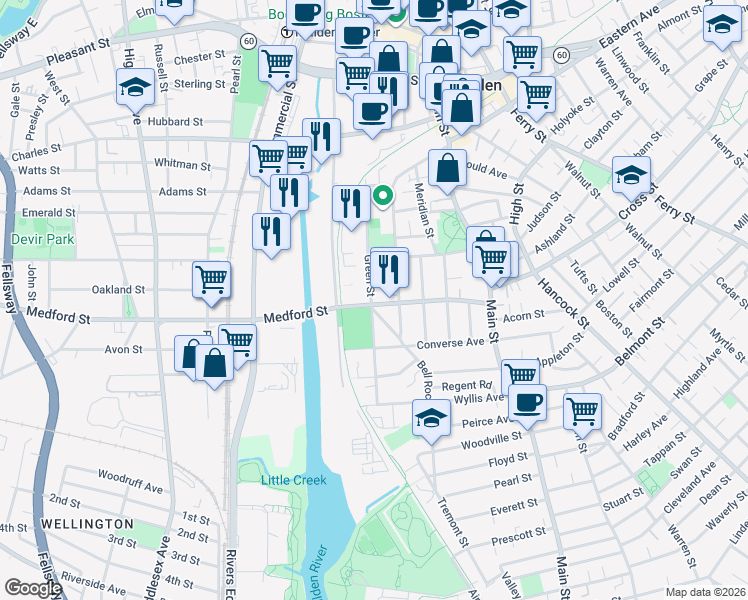 map of restaurants, bars, coffee shops, grocery stores, and more near 14 Berry Street in Malden