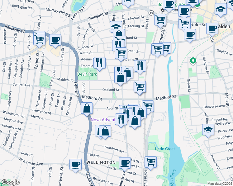 map of restaurants, bars, coffee shops, grocery stores, and more near in Malden