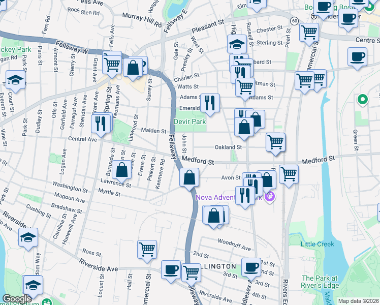 map of restaurants, bars, coffee shops, grocery stores, and more near 38 John Street in Malden