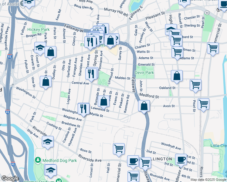 map of restaurants, bars, coffee shops, grocery stores, and more near 171 Central Avenue in Medford