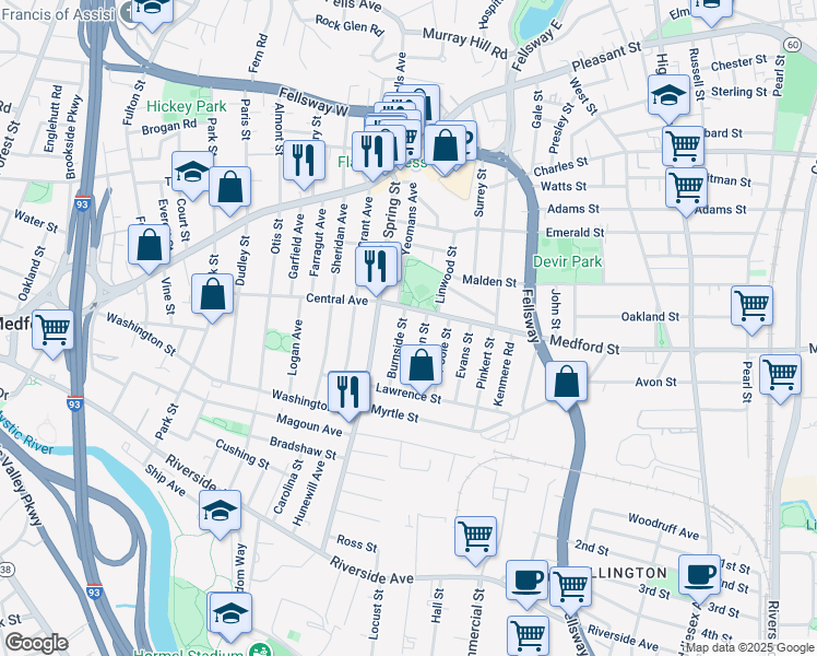 map of restaurants, bars, coffee shops, grocery stores, and more near 63 Burnside Street in Medford