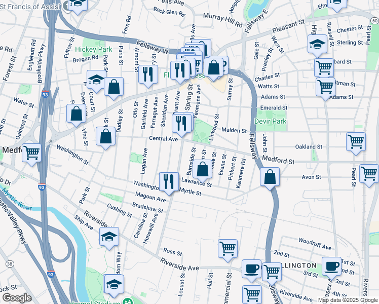 map of restaurants, bars, coffee shops, grocery stores, and more near 63 Burnside Street in Medford