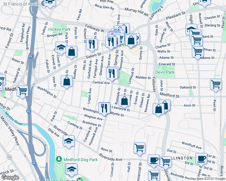 map of restaurants, bars, coffee shops, grocery stores, and more near 160 Spring Street in Medford
