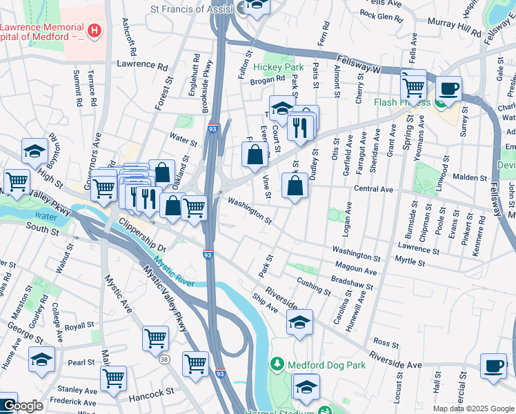 map of restaurants, bars, coffee shops, grocery stores, and more near 6r Franklin Street in Medford