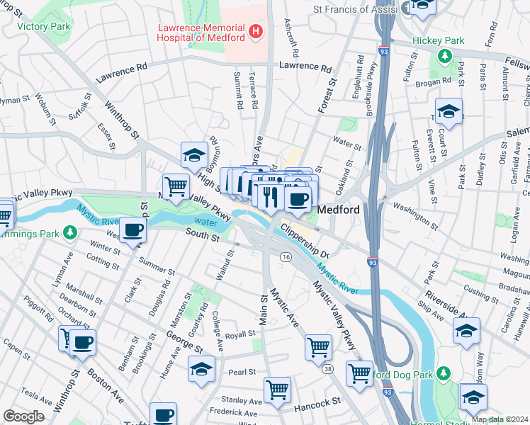 map of restaurants, bars, coffee shops, grocery stores, and more near 10 High Street in Medford