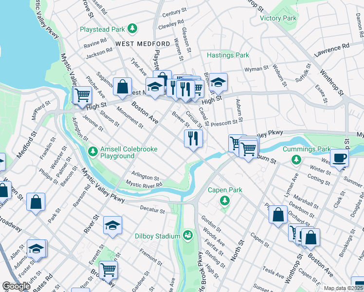 map of restaurants, bars, coffee shops, grocery stores, and more near 89 Boston Avenue in Medford