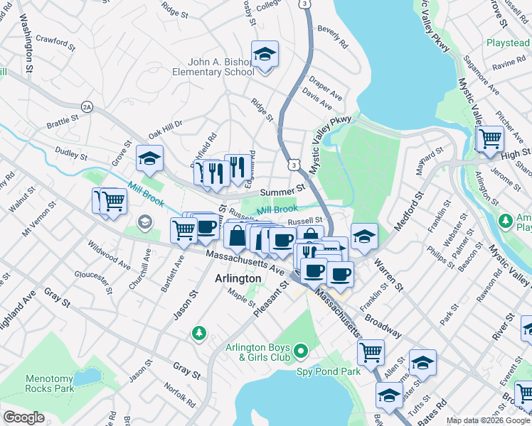 map of restaurants, bars, coffee shops, grocery stores, and more near 29 Summer Street in Arlington