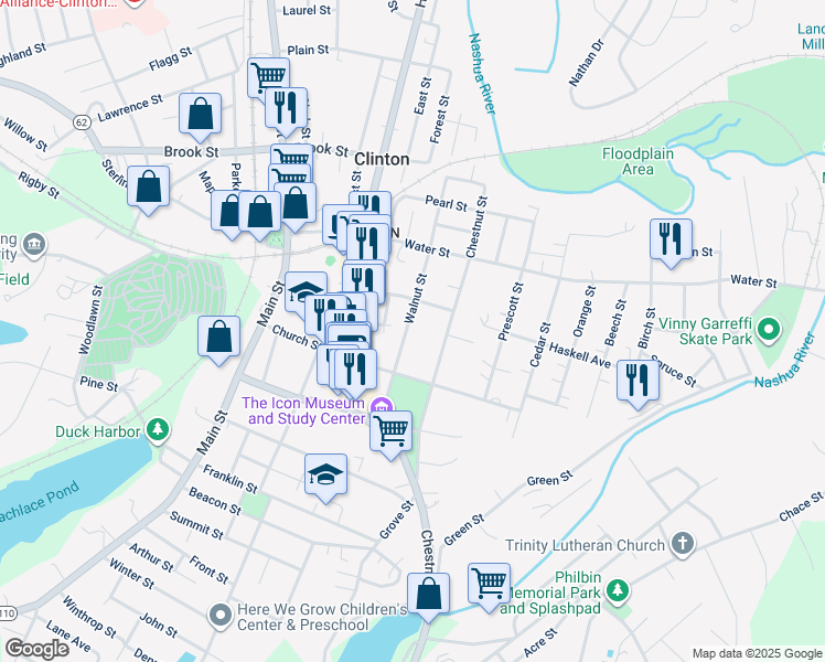 map of restaurants, bars, coffee shops, grocery stores, and more near 101 Walnut Street in Clinton