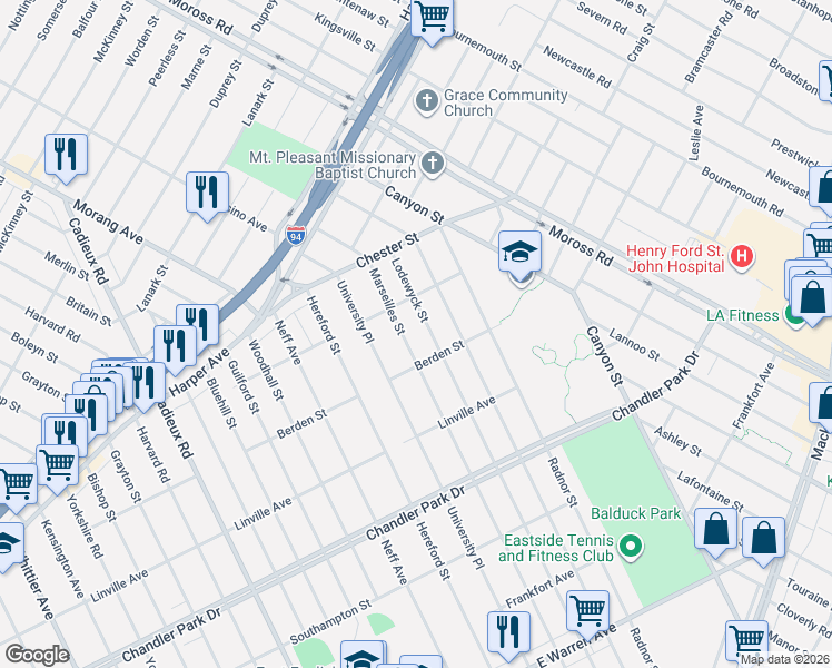 map of restaurants, bars, coffee shops, grocery stores, and more near 6183 Marseilles Street in Detroit