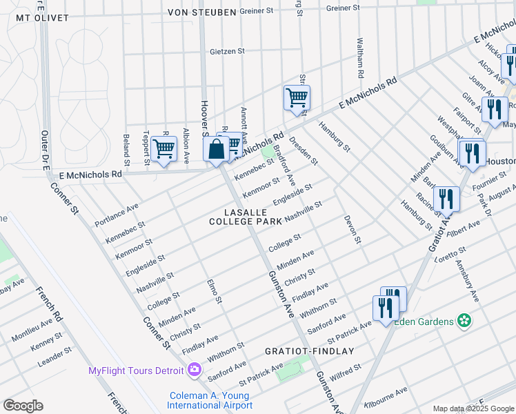 map of restaurants, bars, coffee shops, grocery stores, and more near 11745 Engleside Street in Detroit