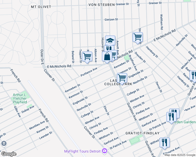 map of restaurants, bars, coffee shops, grocery stores, and more near 11427 Kennebec Street in Detroit