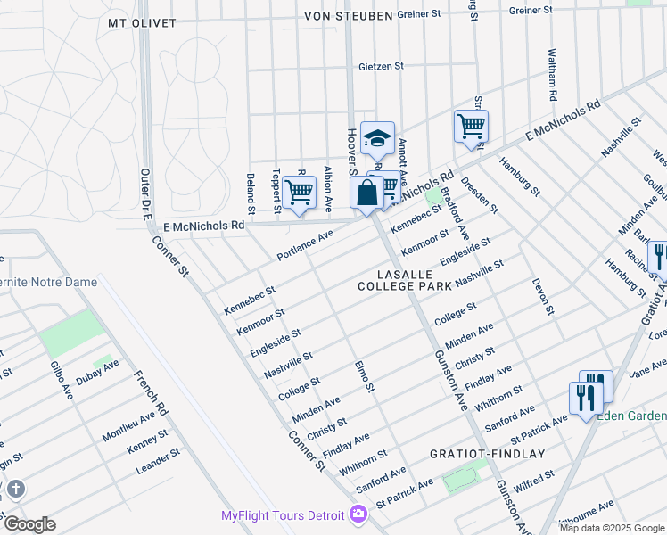 map of restaurants, bars, coffee shops, grocery stores, and more near 11427 Kennebec Street in Detroit