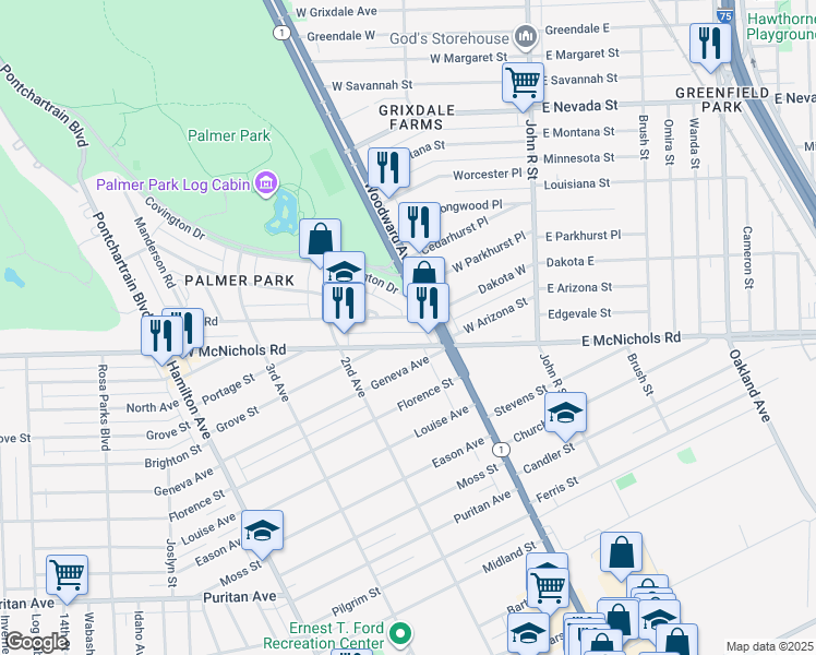 map of restaurants, bars, coffee shops, grocery stores, and more near 276 West McNichols Road in Detroit