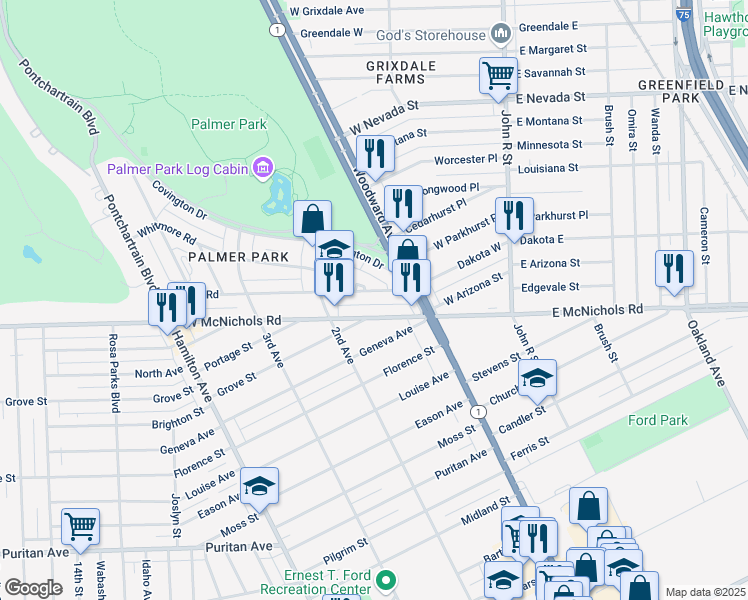 map of restaurants, bars, coffee shops, grocery stores, and more near 276 West McNichols Road in Detroit