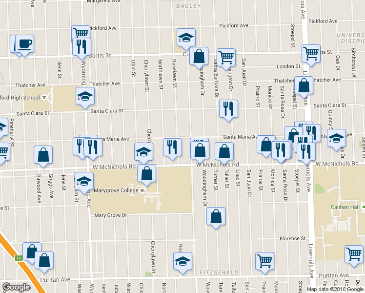 map of restaurants, bars, coffee shops, grocery stores, and more near 17203 Roselawn Street in Detroit