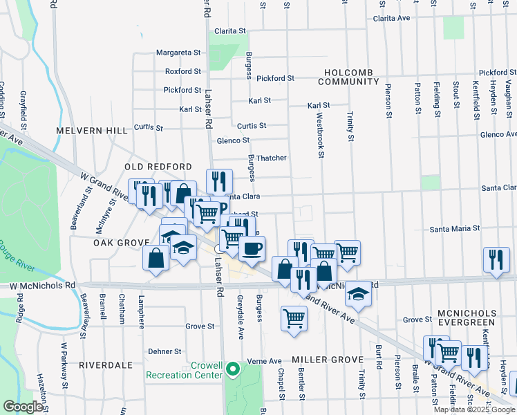 map of restaurants, bars, coffee shops, grocery stores, and more near 21489 Santa Clara in Detroit