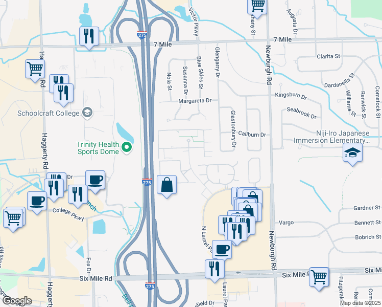 map of restaurants, bars, coffee shops, grocery stores, and more near 18417 University Park Drive in Livonia
