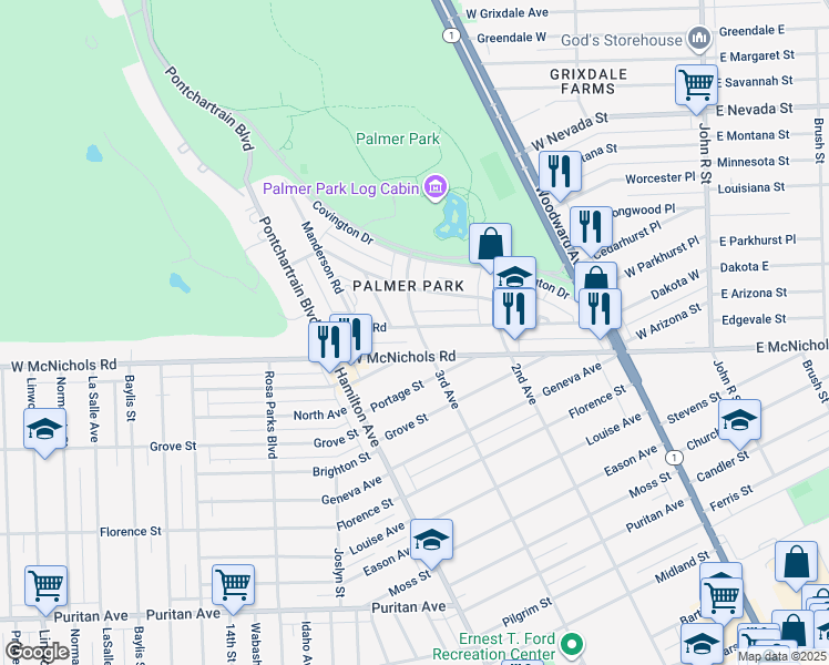 map of restaurants, bars, coffee shops, grocery stores, and more near 17181 3rd Avenue in Detroit