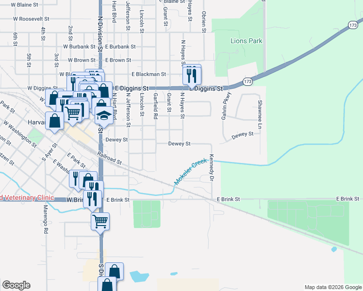 map of restaurants, bars, coffee shops, grocery stores, and more near 607 Dewey Street in Harvard