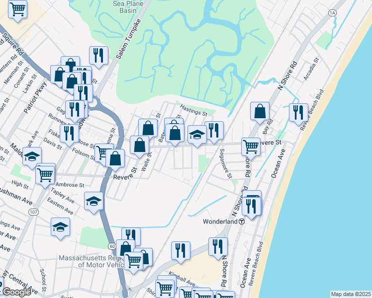 map of restaurants, bars, coffee shops, grocery stores, and more near 371 Revere Street in Revere