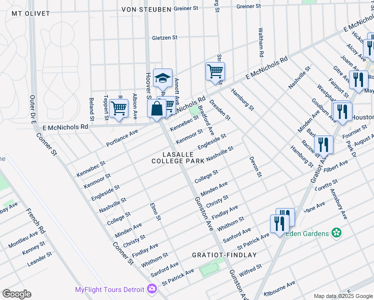 map of restaurants, bars, coffee shops, grocery stores, and more near 11745 Engleside Street in Detroit
