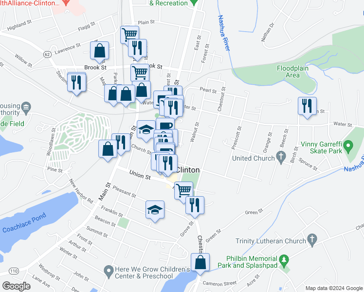 map of restaurants, bars, coffee shops, grocery stores, and more near 29 Pierce Place in Clinton