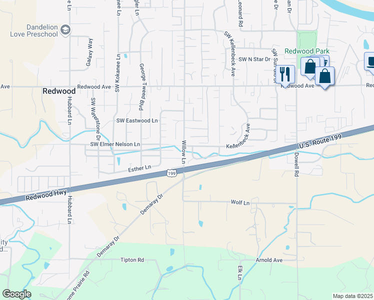 map of restaurants, bars, coffee shops, grocery stores, and more near 1885 Medart Lane in Grants Pass