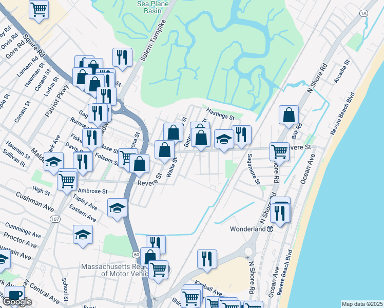 map of restaurants, bars, coffee shops, grocery stores, and more near 328 Revere Street in Revere
