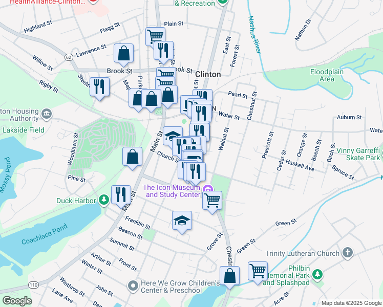 map of restaurants, bars, coffee shops, grocery stores, and more near 1 Coolidge Place in Clinton