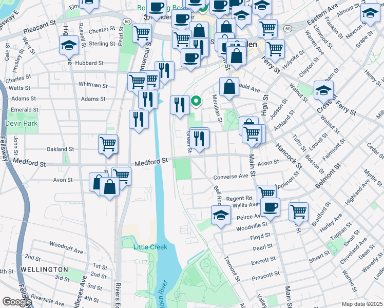 map of restaurants, bars, coffee shops, grocery stores, and more near 14 Berry Street in Malden