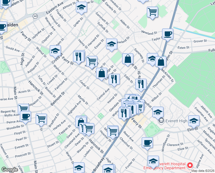 map of restaurants, bars, coffee shops, grocery stores, and more near 484 Ferry Street in Everett
