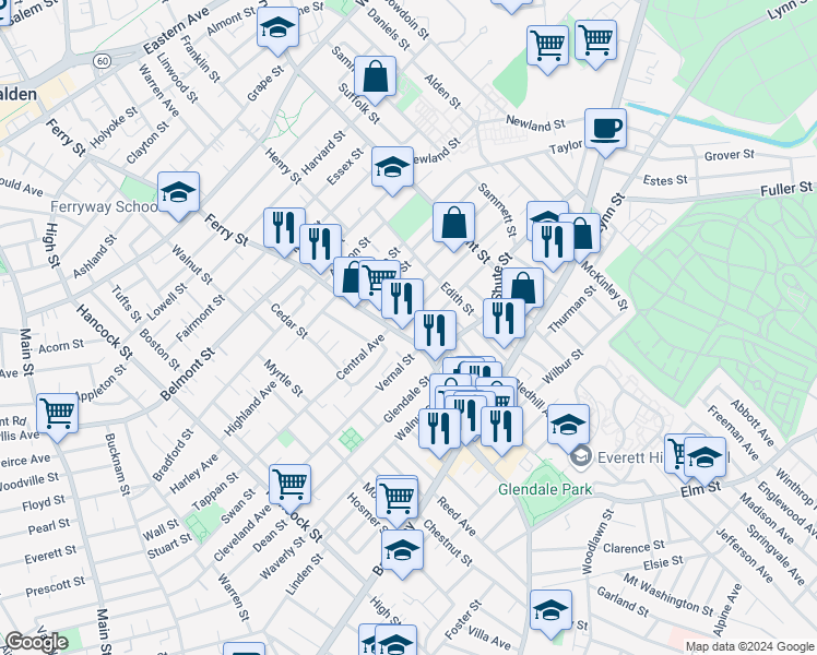 map of restaurants, bars, coffee shops, grocery stores, and more near 11 Rock Valley Avenue in Everett