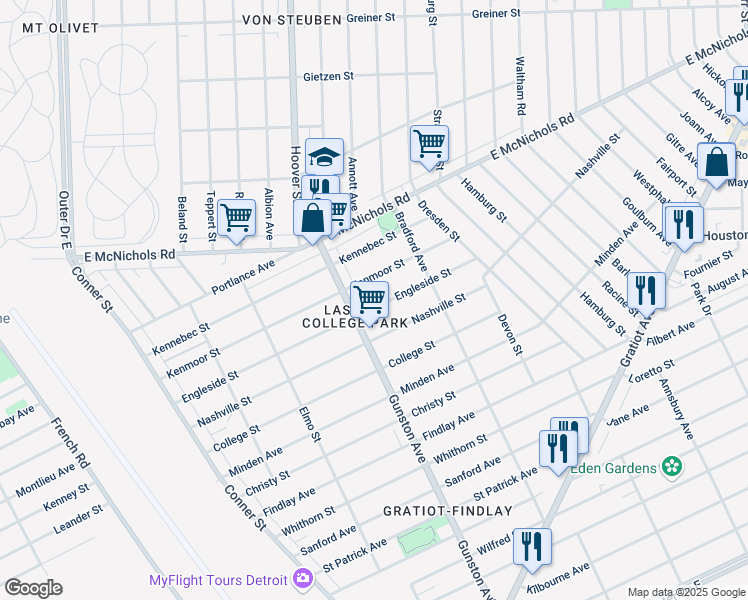 map of restaurants, bars, coffee shops, grocery stores, and more near 11745 Engleside Street in Detroit