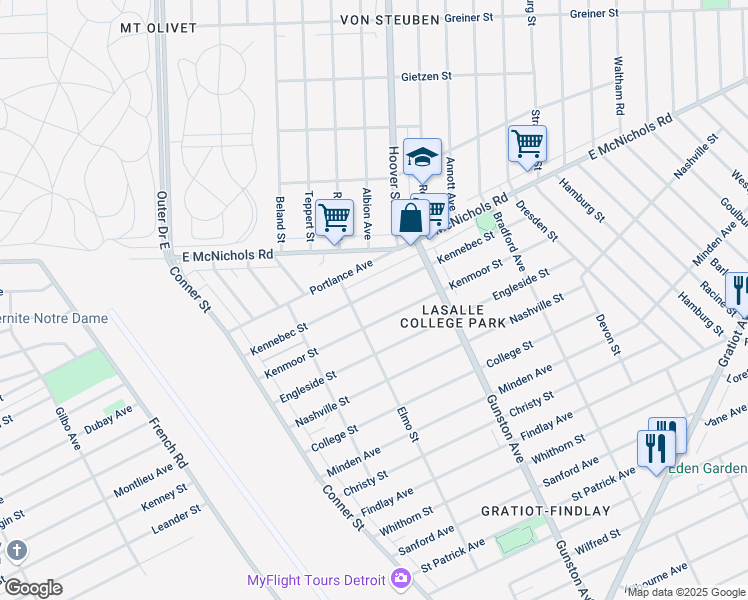 map of restaurants, bars, coffee shops, grocery stores, and more near 11427 Kennebec Street in Detroit