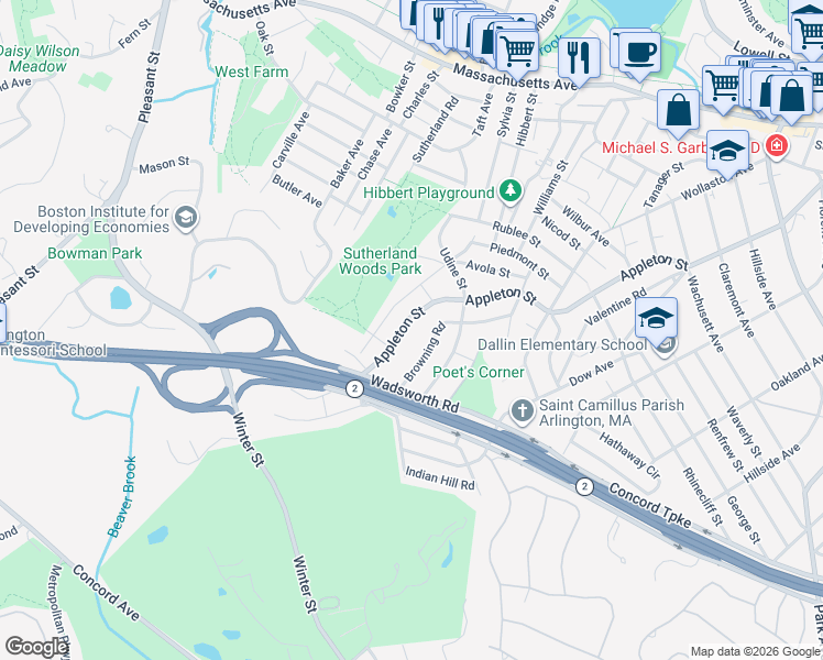 map of restaurants, bars, coffee shops, grocery stores, and more near 472 Appleton Street in Arlington