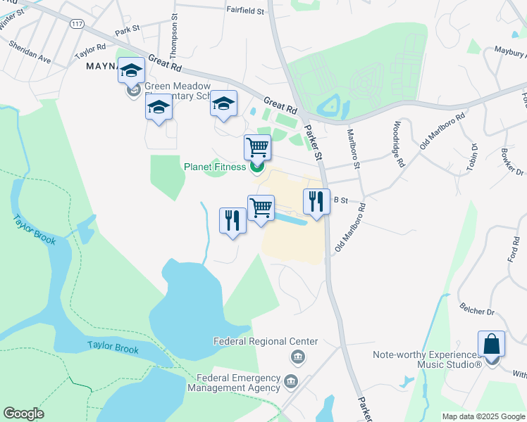 map of restaurants, bars, coffee shops, grocery stores, and more near 129 Parker Street in Maynard