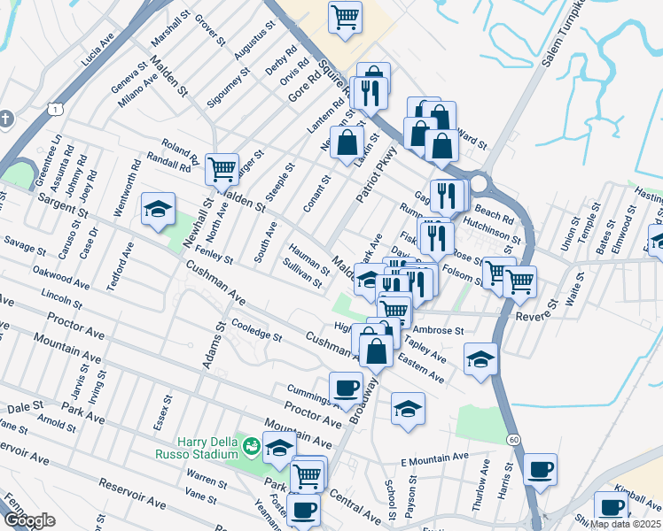 map of restaurants, bars, coffee shops, grocery stores, and more near 126 Malden Street in Revere