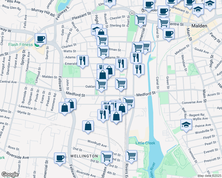 map of restaurants, bars, coffee shops, grocery stores, and more near 42 Oakland Street in Malden