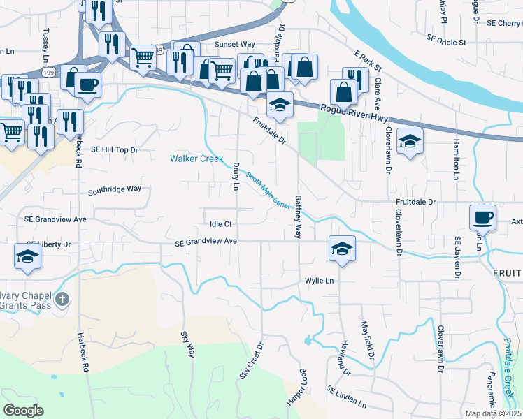 map of restaurants, bars, coffee shops, grocery stores, and more near 1010 Idle Court in Grants Pass
