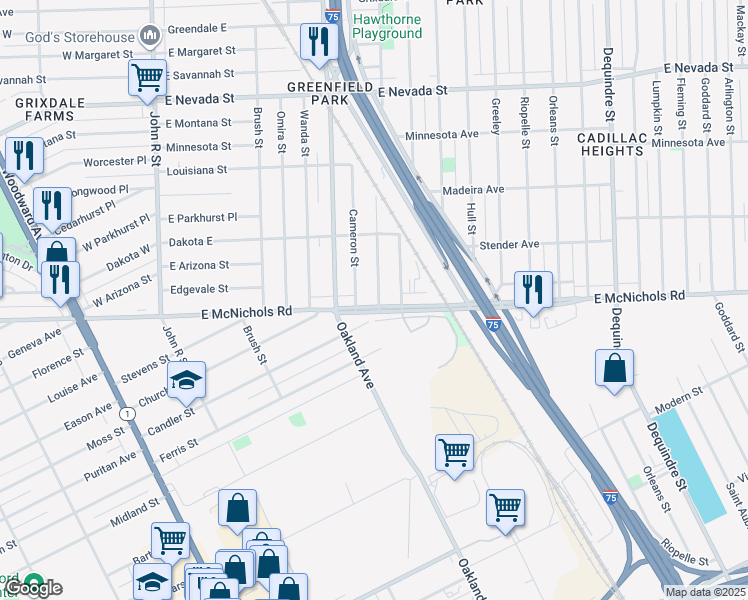 map of restaurants, bars, coffee shops, grocery stores, and more near 1045 East McNichols Road in Detroit