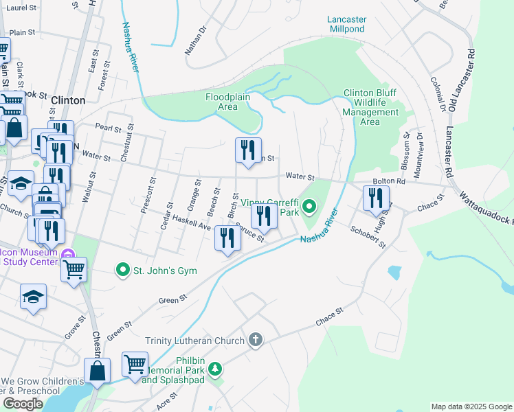 map of restaurants, bars, coffee shops, grocery stores, and more near 46 Larch Street in Clinton