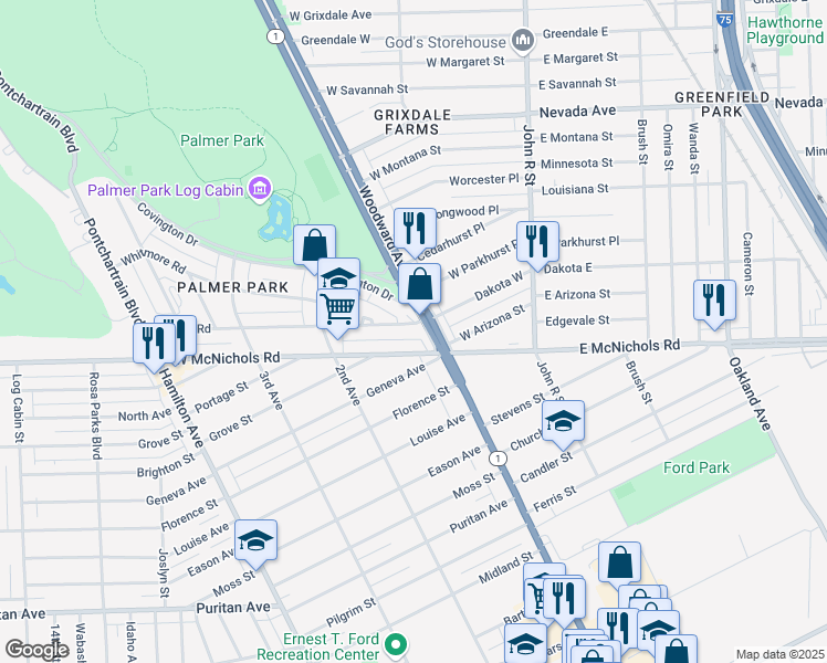 map of restaurants, bars, coffee shops, grocery stores, and more near 225 Merton Road in Highland Park