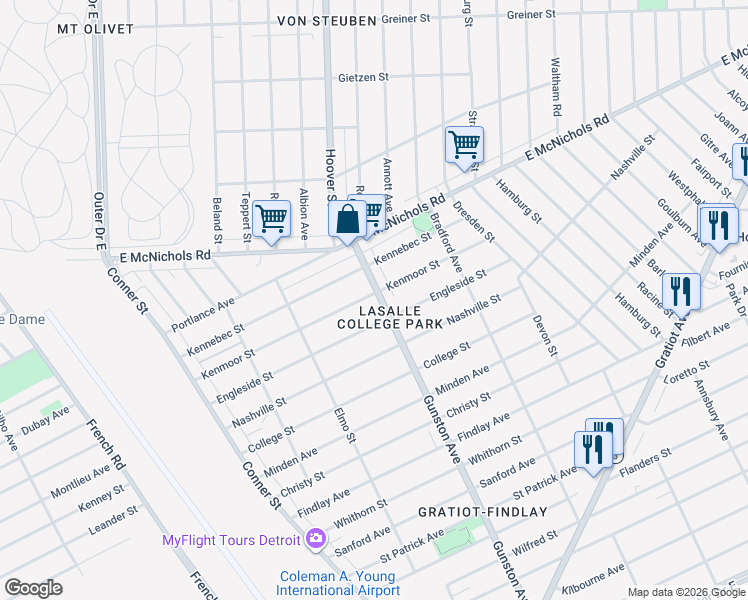 map of restaurants, bars, coffee shops, grocery stores, and more near 12741 Gunston Street in Detroit