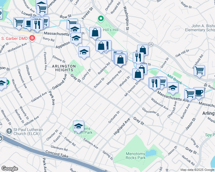 map of restaurants, bars, coffee shops, grocery stores, and more near 72 Menotomy Road in Arlington