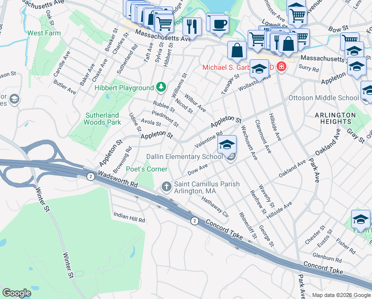 map of restaurants, bars, coffee shops, grocery stores, and more near 6 Virginia Road in Arlington