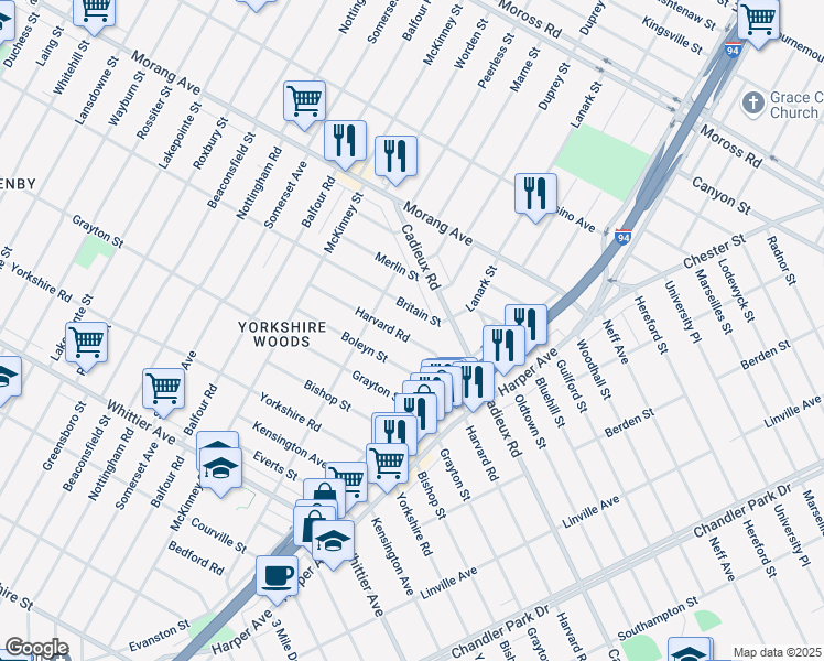 map of restaurants, bars, coffee shops, grocery stores, and more near 9250 Harvard Rd in Detroit